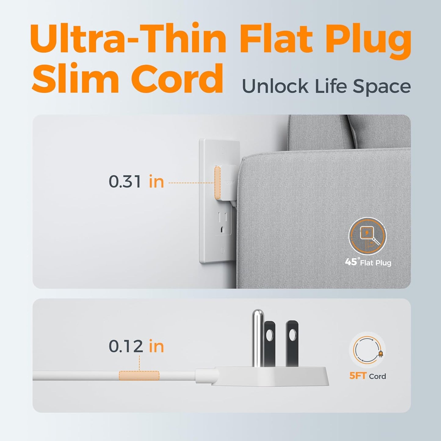 Extension Cord with Multiple Outlets 5 FT, TESSAN Small Flat Plug Power Strip with 3 USB (1 USB C) and 3 AC, Surge Protector Charging Station for Office, School, Dorm Room Essentials, White