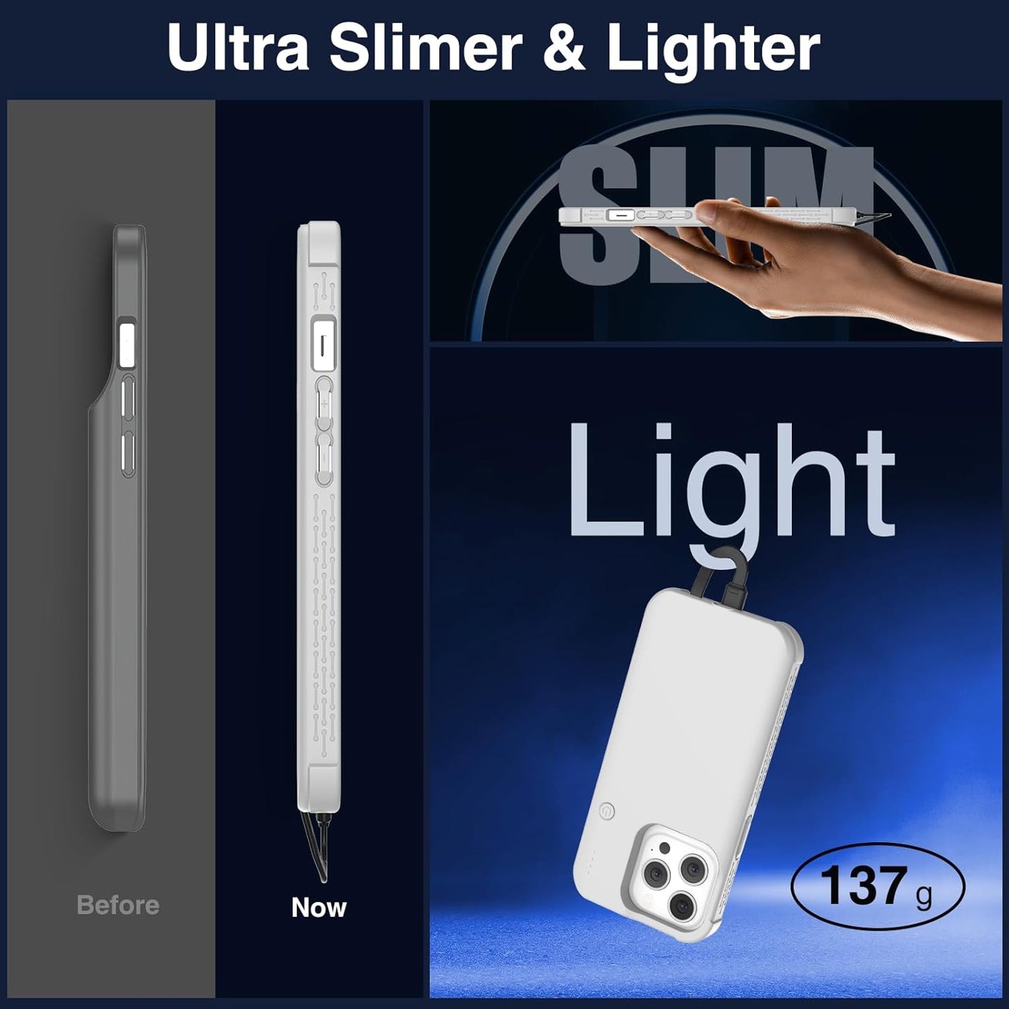 GIN FOXI Fast Charging Battery Case for iPhone 15 Pro Max/15 Plus, 8000mAh 15W Ultra Slim Charger Case Rechargeable Portable Extended Power Bank Case Cover Battery Pack Built-in Cable, Grey(6.7”)