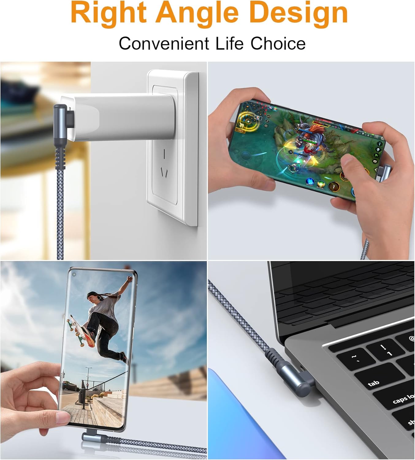 USB C Cable Right Angle [2-Pack, 1.5FT+1.5FT], USB Type C iPhone 16 Charger Cable Nylon Braided Cord for iPhone 15 16 Pro Max Plus Samsung Galaxy S25 S24 S23 S22 S21 S10 S9 S8 Note 20 10 9 8,Moto,PS5