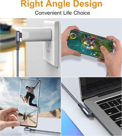 sweguard USB Type C Charger Cable Right Angle [3-Pack, 10FT+6.6FT+3.3FT] Nylon Braided Cord for iPhone 16 15 Pro Max Plus, Samsung Galaxy S25 S24 S23 S22 S21 S20 S10 Note Flip A54 A53, Pixel LG Moto