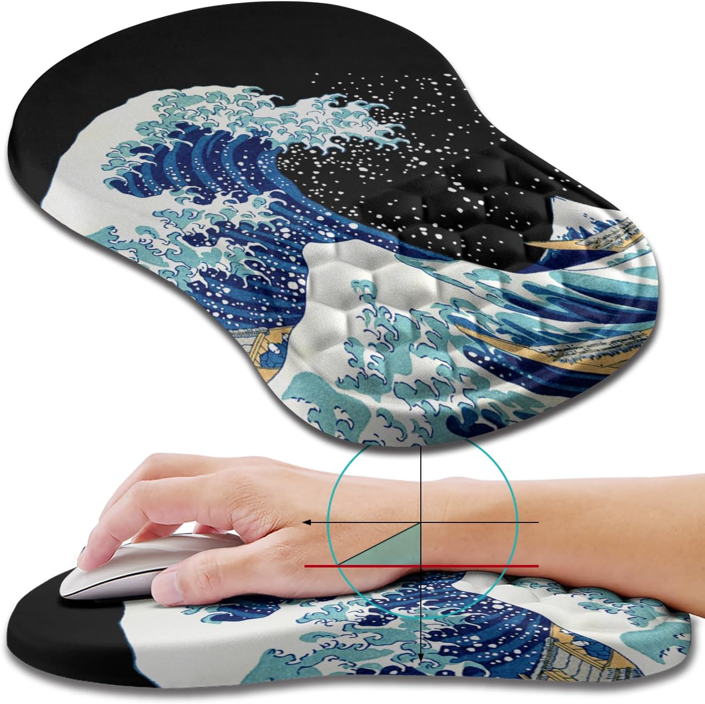 Hokafenle Ergonomic Mouse Pad Wrist Support, Wrist Rest Mousepad for Carpal Tunnel Pain Relief with Integrated Memory Foam Slope Massage Bulge (11.8x7.9 inch,Sea Wave