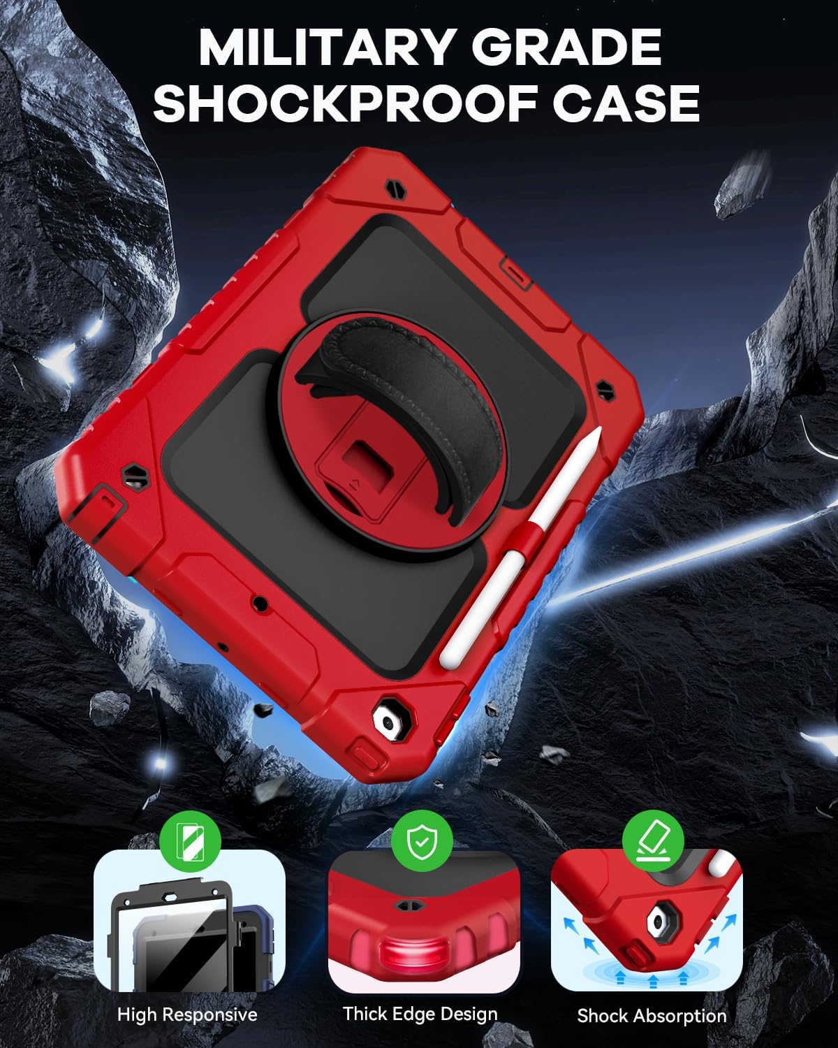 Cantis Case for iPad 9th/8th/7th Generation with Screen Protector, iPad 10.2 Case 2021/2020/2019 with 360 Degree Rotating Stand/Shoulder Strap/Pencil Holder, Red