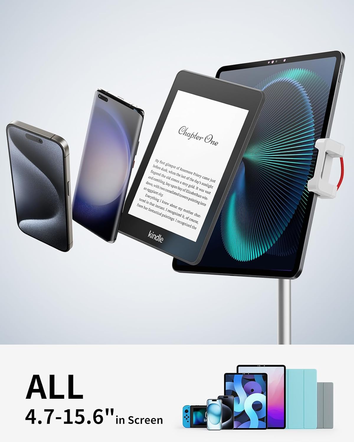 SAIJI Tablet Stand Holder, Height Adjustable Portable Monitor Stand, 360 Degree Rotating, Aluminum Alloy Cradle Mount Dock for 4.7"-15.6" Screen iPhone Samsung, iPad, Kindle, eBook Reader (Silver)