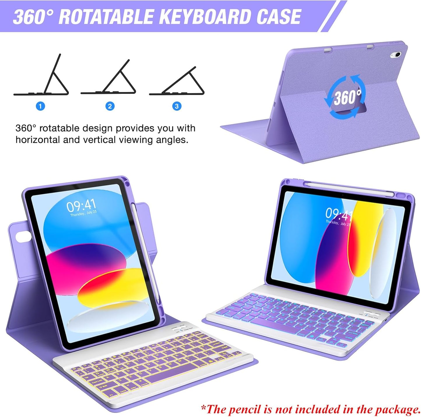 BLUTLOTUS 360 Rotatable Keyboard Case for iPad 11th (A16) 10th with Pencil Holder, 7 Color Backlit Detachable Bluetooth, Smart Folio Tablet Cover ((Purple)