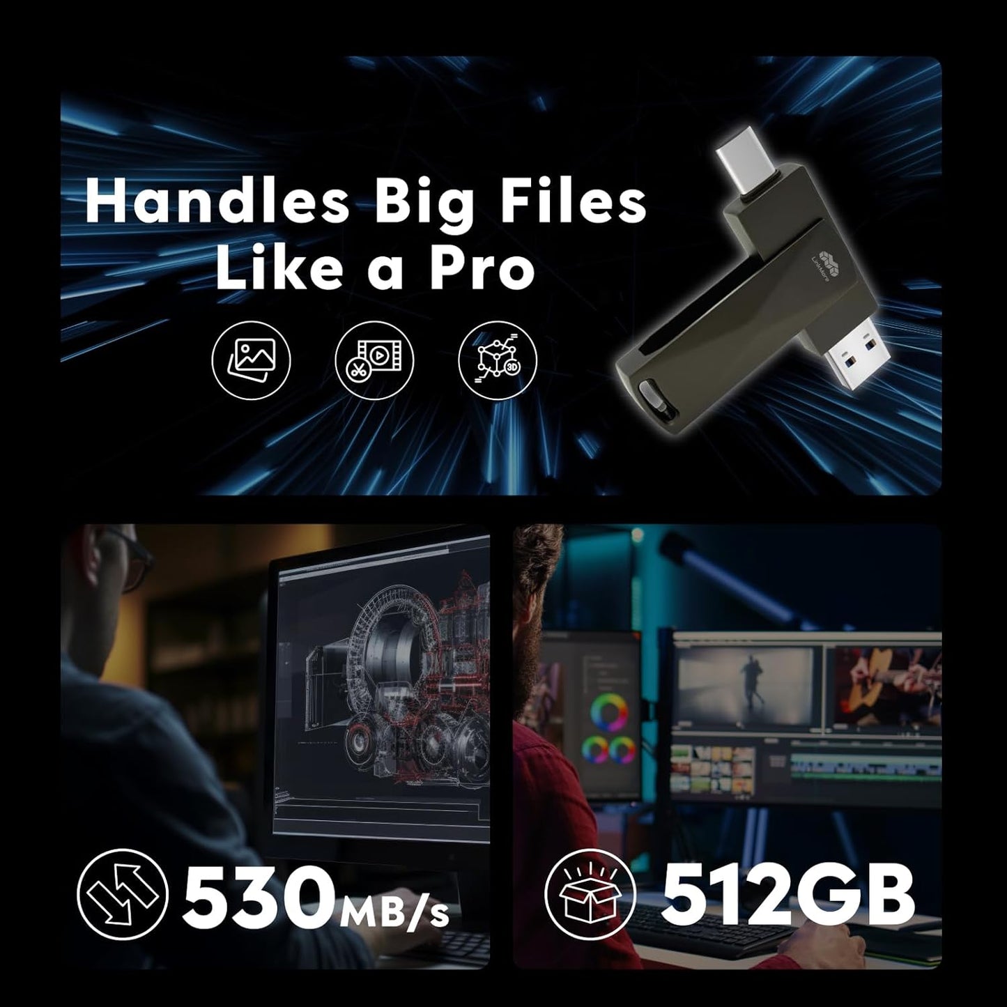 LinkMore NR P50 512GB External SSD – Type-C & USB-A Portable Drive, USB 3.2 5Gbps, 530MB/s Read, 480MB/s Write, 110MB/s Sustained Write – Works with iPhone-15+, PS5, Steam Deck, Android, Mac, Windows