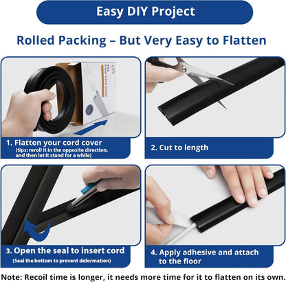 Cord Cover Floor 6ft Black, PVC Floor Cable Cover, Cord Hider Floor Cord Protector Prevent Cable Trips & Protect Wires, Floor Cable Management Hide Cords on Floor, Cord Cavity - W0.47 x H0.28