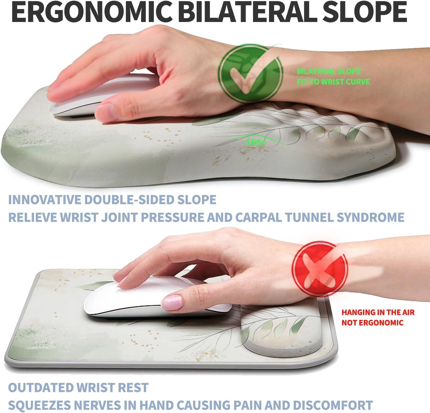 Ergonomic Raised Mouse Pad Wrist Support with Bilateral Slope Memory Foam Mousepad for Wrist Rest and Carpal Tunnel Pain Relief 11.8x7.9〃 Green Leaf