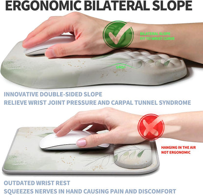 Ergonomic Raised Mouse Pad Wrist Support with Bilateral Slope Memory Foam Mousepad for Wrist Rest and Carpal Tunnel Pain Relief 11.8x7.9〃 Green Leaf