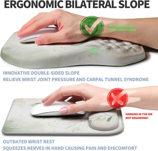 Ergonomic Raised Mouse Pad Wrist Support with Bilateral Slope Memory Foam Mousepad for Wrist Rest and Carpal Tunnel Pain Relief 11.8x7.9〃 Green Leaf