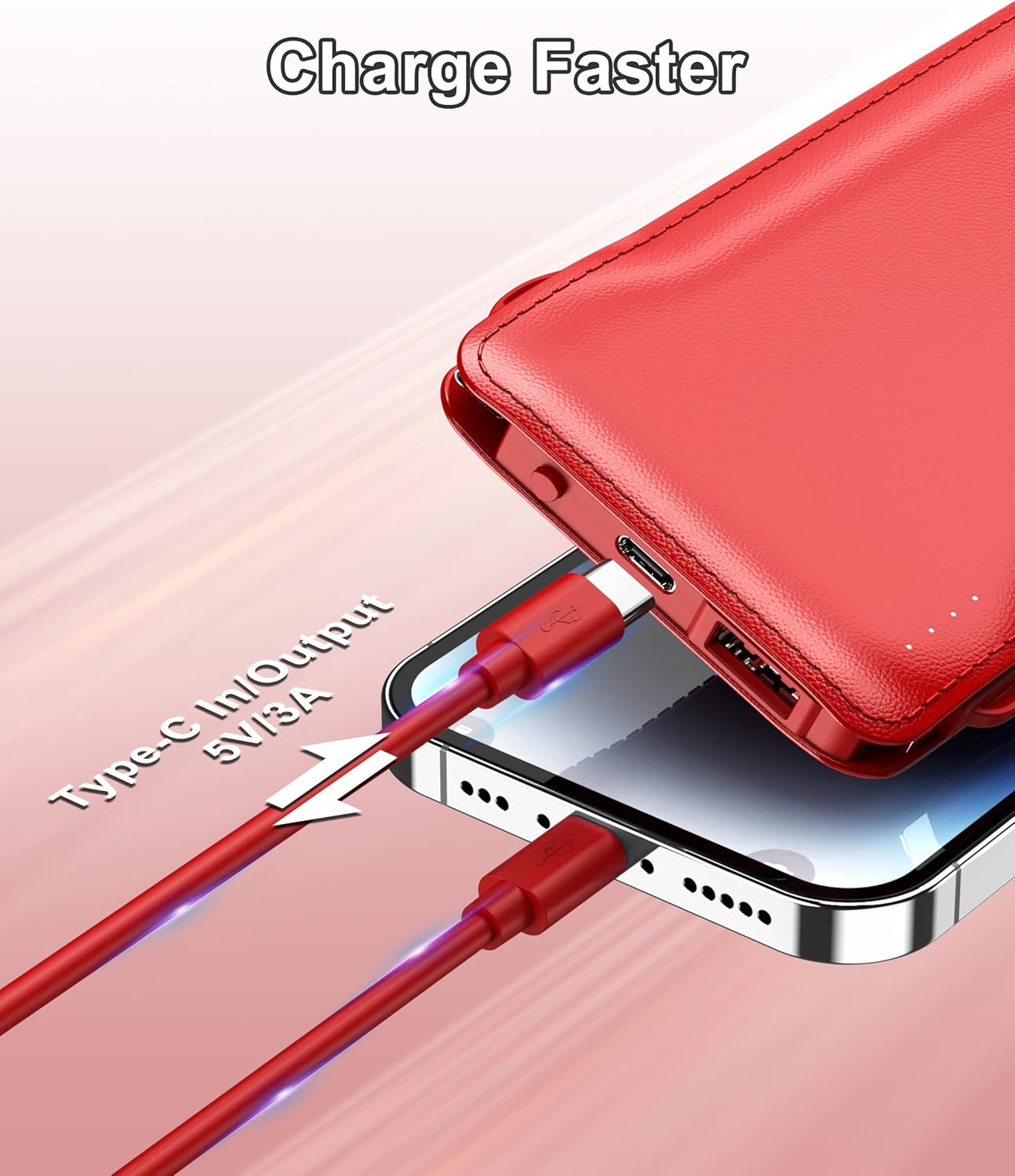 TG90° Portable Charger 10000mah Cell Phone Battery Backup, Ultra Slim Power Bank with Built in Lightning and USB-C Cable, Portable Phone Charger Battery Packs Compatible with iPhone Android Phones