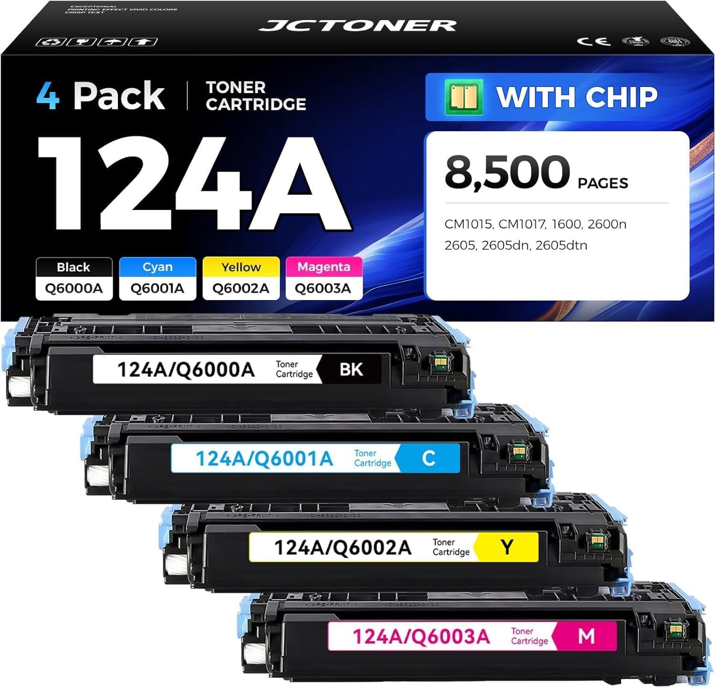 124A Toner Cartridge Set 4-Pack High Yield Replacement for 124A Q6000A Q6001A Q6002A Q6003A Compatible with Color Laserjet MFP CM1015 CM1017 1600 2600n 2605 2605dn 2605dtn Printer Ink Black Copy