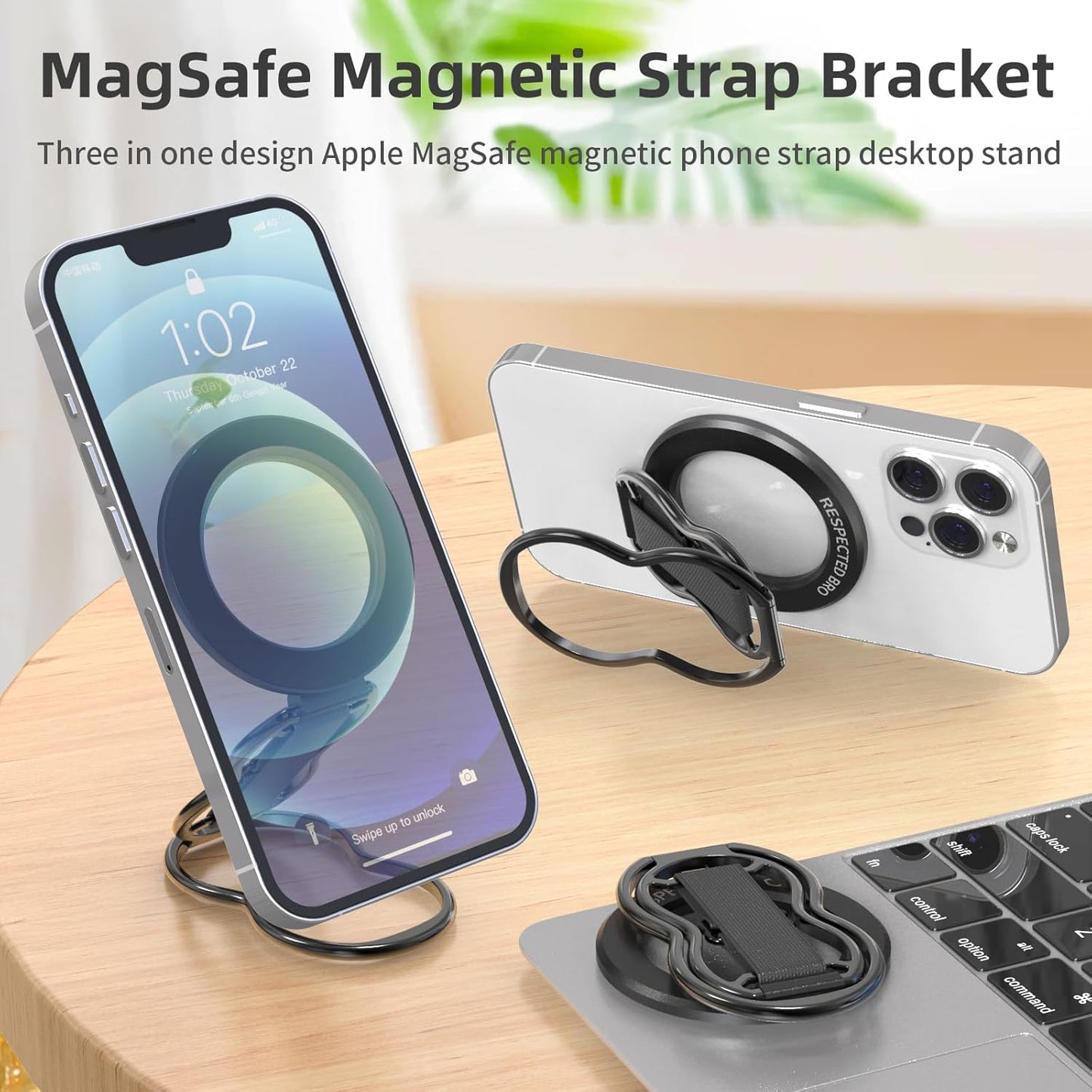 RESPECTED-BRO-Magnetic-Phone-Grip-Stand-with-Finger-Strap, 4-in-1 Magnetic Ring Holder, Kickstand and Elastic Strap for Smartphones, Universal Fit for iPhone, Android, and Cases (Black)