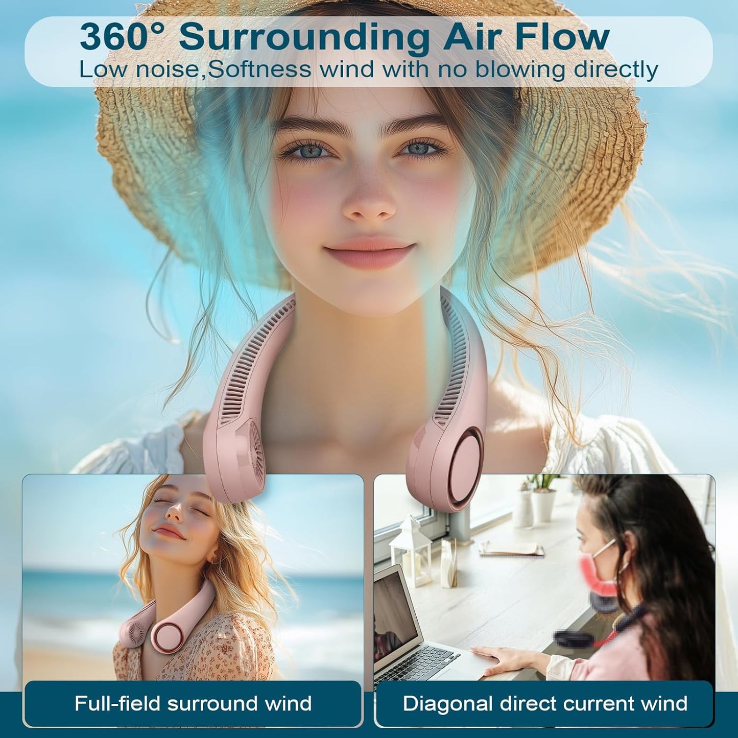 CIVPOWER Neck Fan: Portable Personal Neck Cooling Rechargeable Bladeless Fan - Hands Free 3 Speed 4000 mAh Battery USB Operated Wearable Headphone Design - for Men Women Outdoor Indoor (Pink)