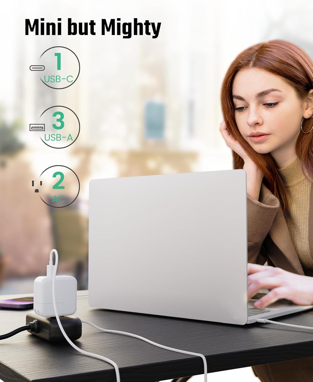 2Ft Extension Cord, SUPERDANNY Mini Surge Protector with 2 Wide-Spaced Outlets, USB Power Strip, 3 USB-A 1 USB-C, Flat Plug, Compact Size Desktop Charging Station Travel, Home, Office, Black