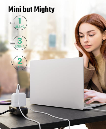 2Ft Extension Cord, SUPERDANNY Mini Surge Protector with 2 Wide-Spaced Outlets, USB Power Strip, 3 USB-A 1 USB-C, Flat Plug, Compact Size Desktop Charging Station Travel, Home, Office, Black