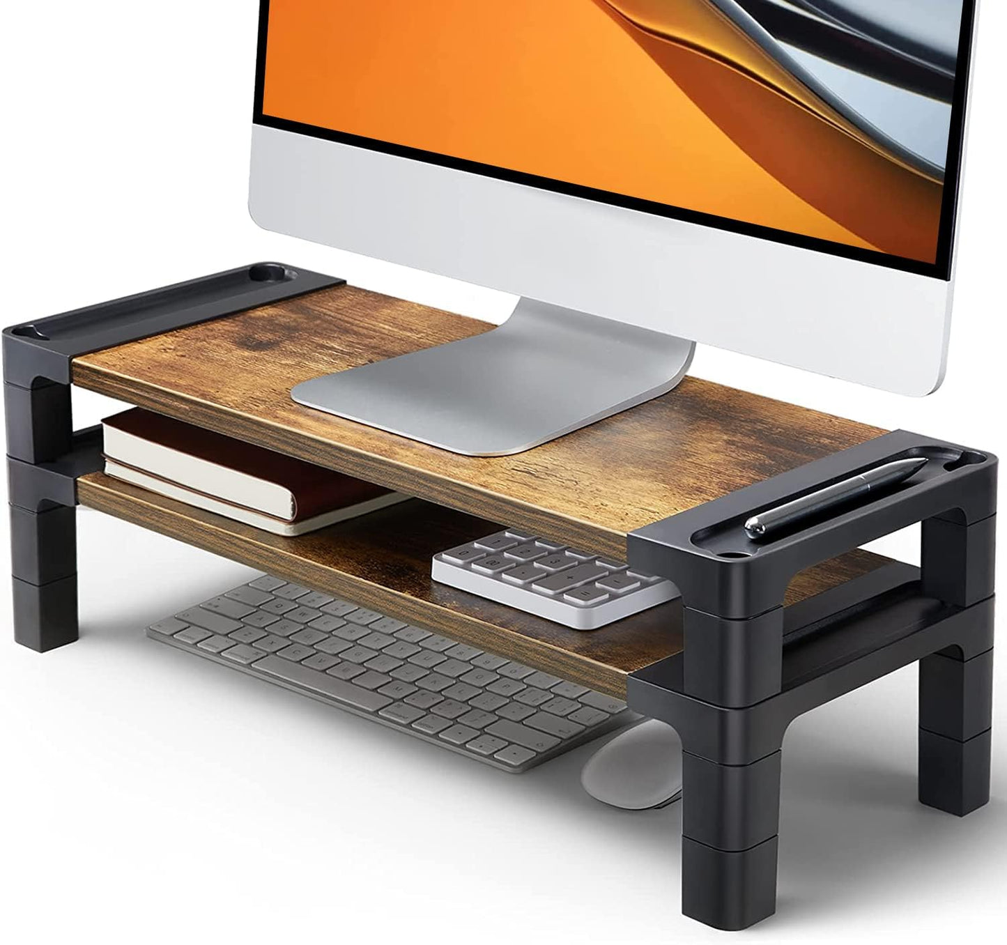 HUANUO Monitor Stand Computer Riser, Monitor Stand for Desk with Adjustable Height and 2 Platforms, Ergonomic Computer Riser, Monitor Riser for Laptops and Monitors, HNMS04V
