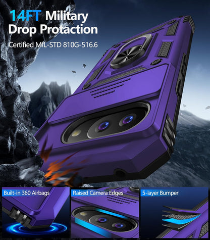 Taisairu for Google Pixel 9A Case with Screen Protector & Slide Camera Lens Cover, Built-in 360°Rotate Magnetic Ring Stand Shockproof Protective Phone Case for Google Pixel 9A Case (Purple)