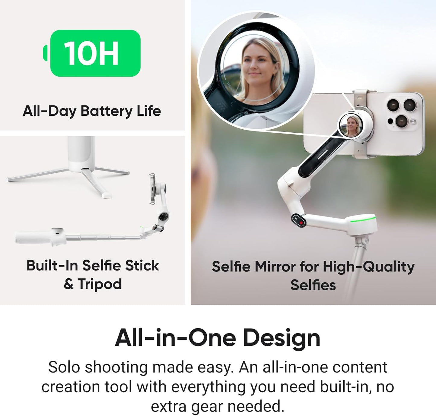Insta360 Flow 2 Pro White - Foldable AI Phone Gimbal, Track in 200+ iOS Apps, Multi-Person & 360 Pan Tracking, Built-in Tripod/Selfie Stick, iPhone/Android Stabilizer