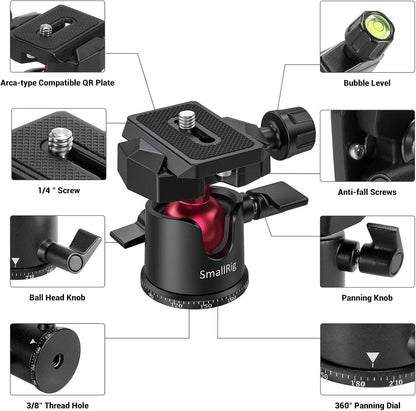 SmallRig Mini Ball Head, Tripod Head Camera 360° Panoramic with 1/4" Screw 3/8" Thread Mount and Quick Release Plate Metal Ball Joint for Monopod, DSLR, Phone, Gopro, Max Load 4.4lbs/2kg - BUT2665