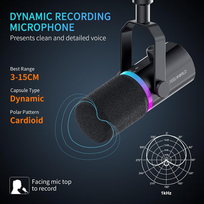 FEELWORLD PM1 XLR USB Dynamic Microphone with Desktop Stand Gifts for Podcast Recording PC Computer Gaming Live Streaming Vocal Voice-Over, Studio Metal Mic, RGB Light, Mute Button, Headphones Jack