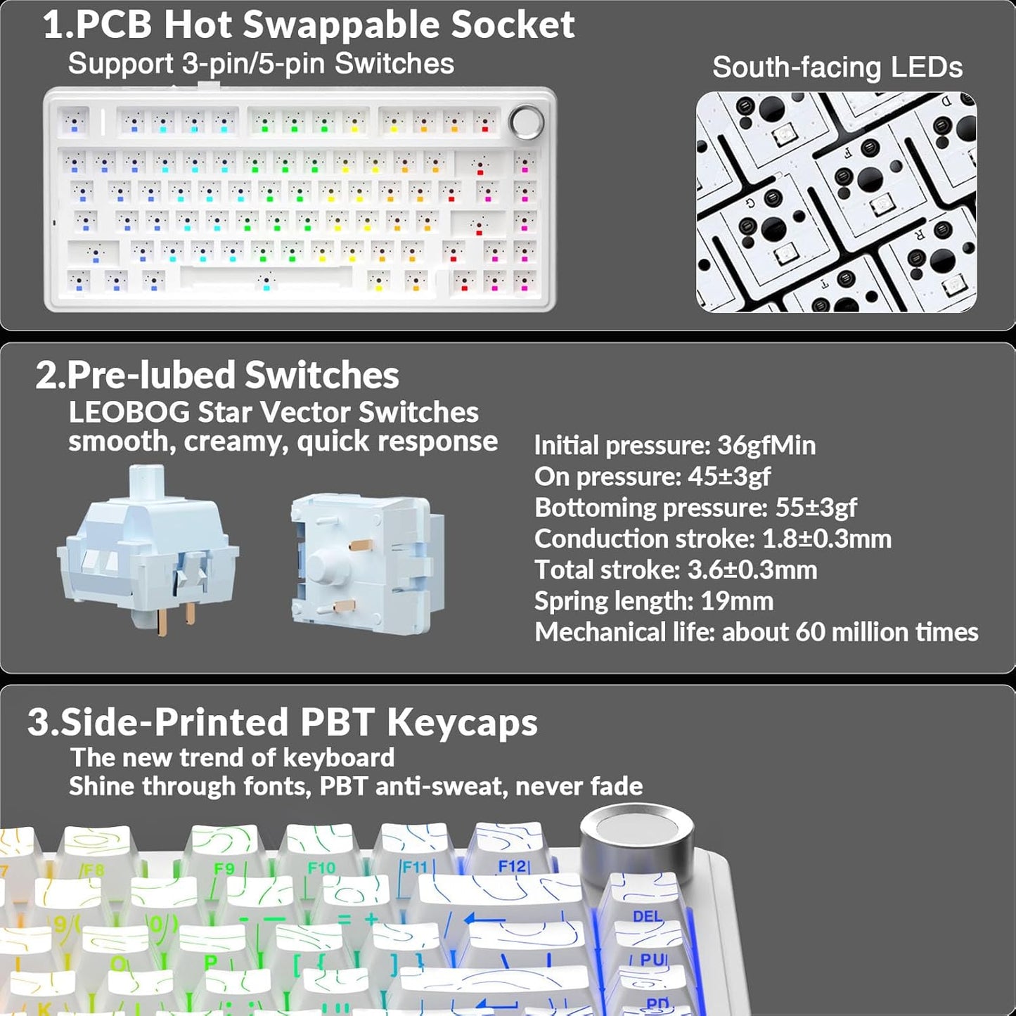 AULA F75 Pro Wireless Mechanical Keyboard with Knob,75% Hot Swappable Custom Gaming Keyboards,RGB Backlit,Pre-lubed Switches,Side Printed PBT Keycaps Creamy Sounding Computer Keyboard, Line White