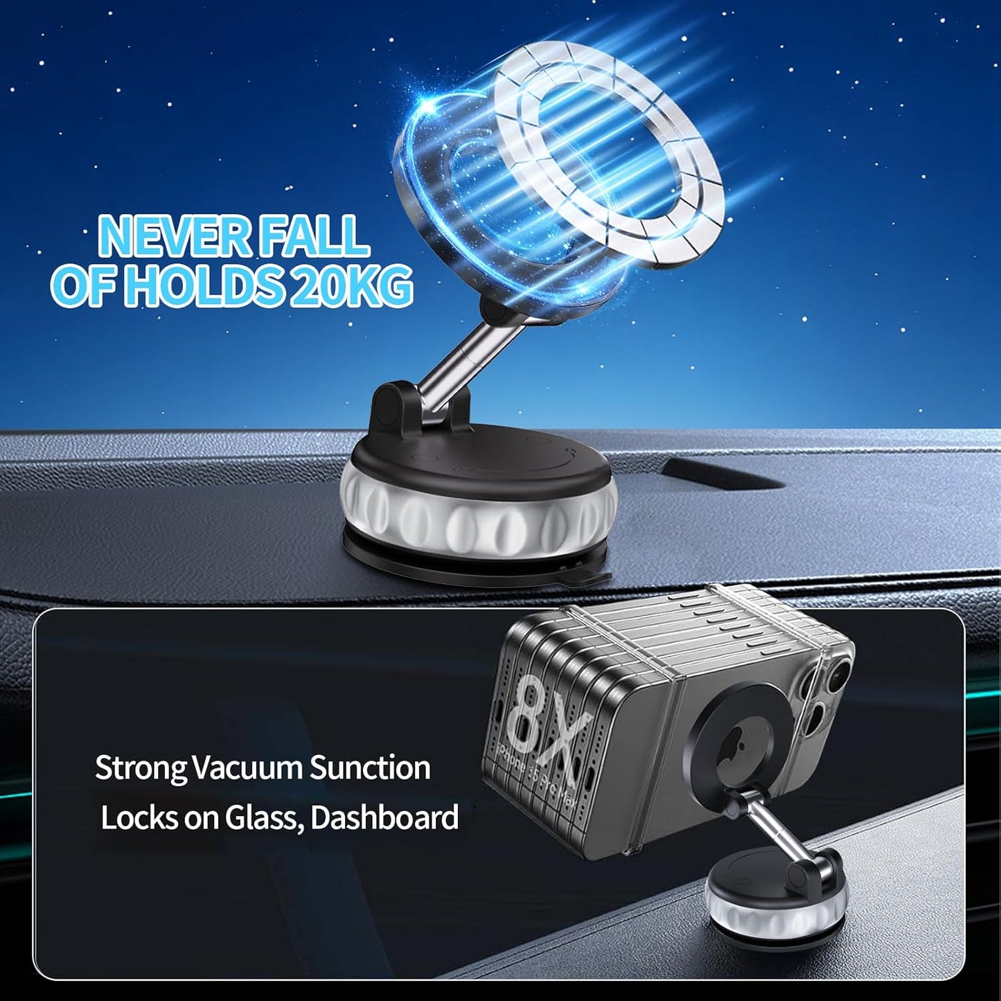 Vacuum Suction Magnetic Phone Holder, 2025 Upgraded Foldable Retractable Suction Cup Mount Magnetic Phone Mount for Your Car, 360° Adjustable Cell Phone Stand for Cars /Gyms/Mirrors/Smooth Surface