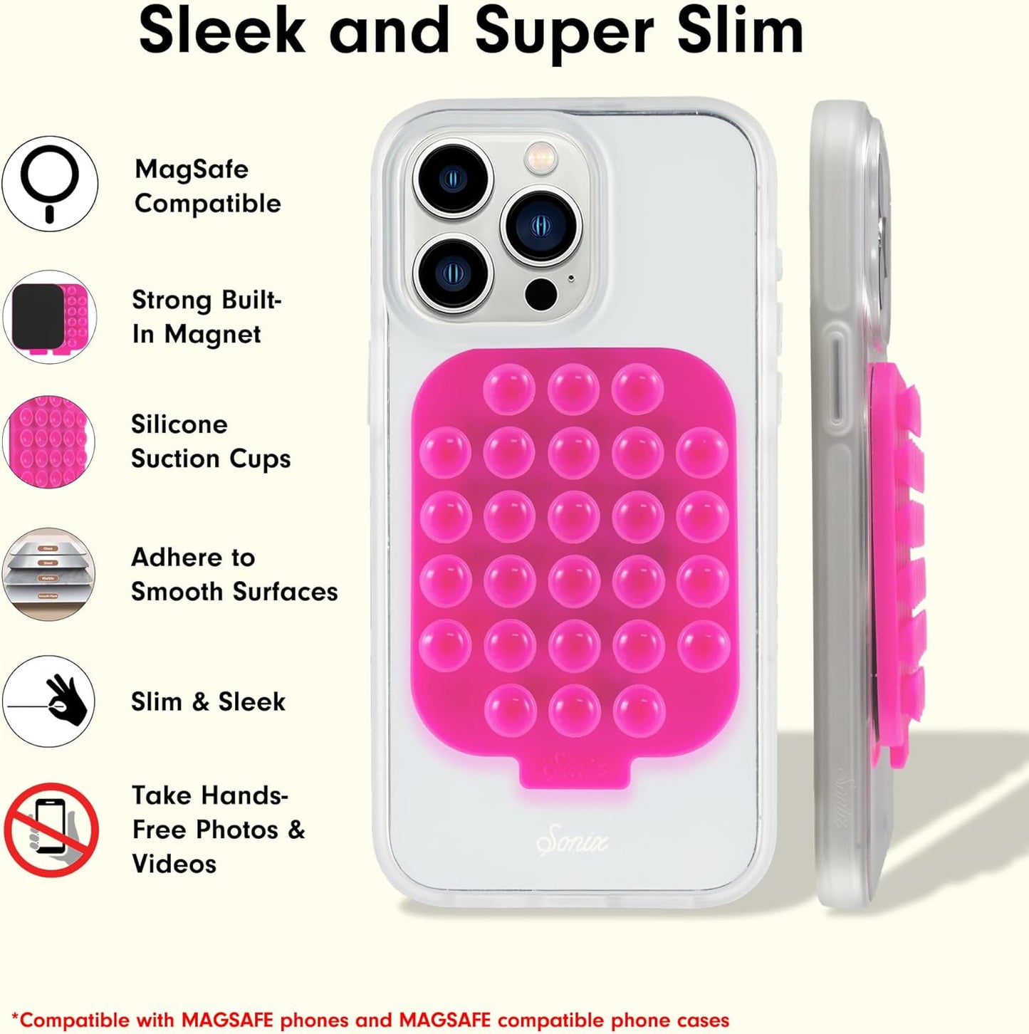 Sonix | Magnetic Silicone Suction Cup Phone Mount for iPhone | Compatible with MagSafe | Bright Fluorescent Pink | Hot Pink