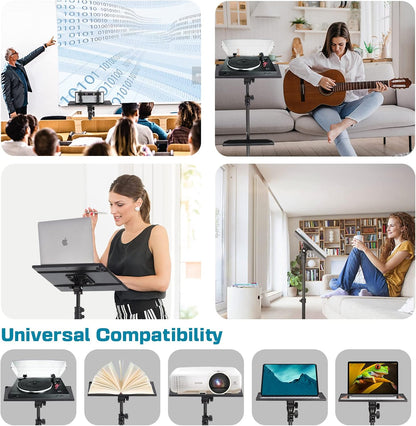 Lusweimi Projector Tripod Stand, 50” Laptop Stand with 2 Shelves for Projector, iPad, DJ Equipment, Portable Adjustable Floor Stand with Gooseneck Phone Holder for Office, Home, Stage or Studio