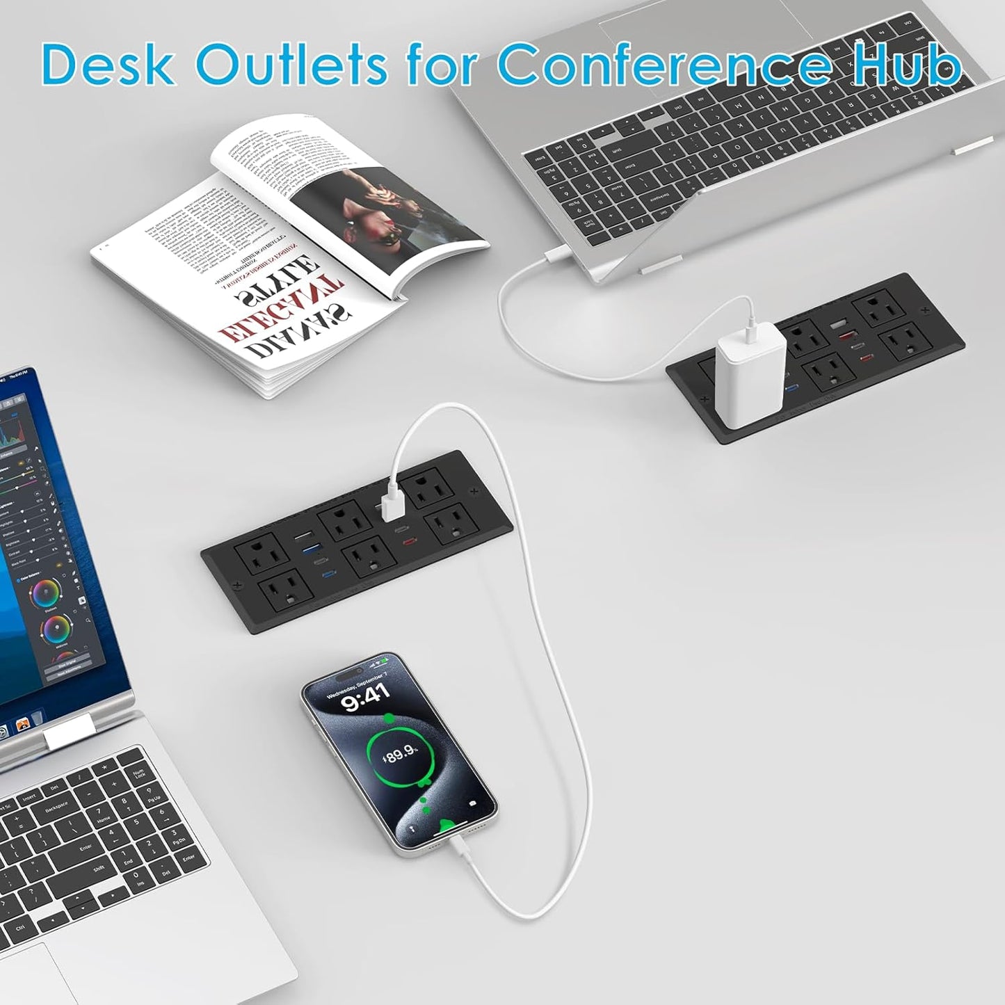 30W Recessed Power Strip USB C, Desk Flush Mount Outlet Plug in 6 AC & 8 USB Ports for Furniture Conference Power Hub, 6FT
