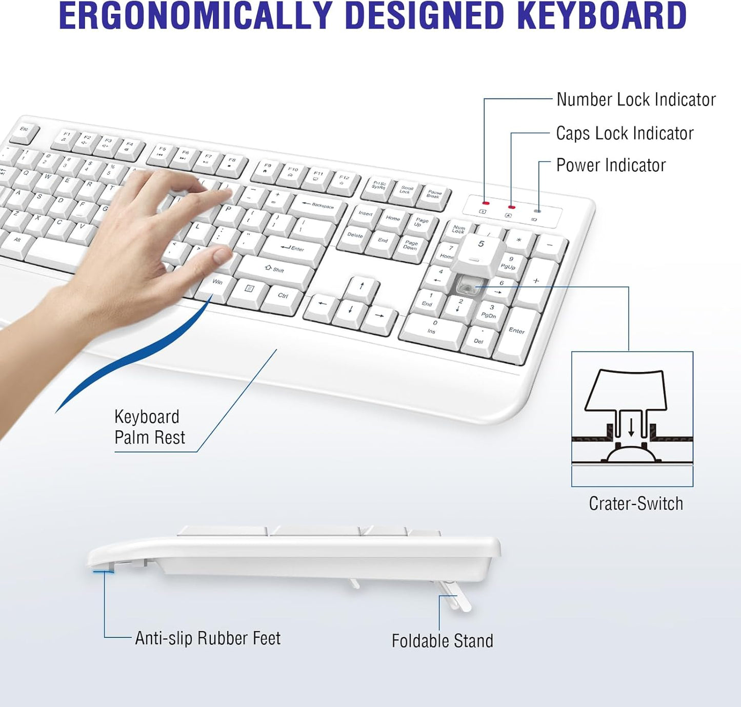 Wireless Keyboard, 2.4G Full-Sized Ergonomic Wireless Computer Keyboard with Wrist Rest for Windows, Mac OS Laptop/PC/Desktop/Notebook (White)
