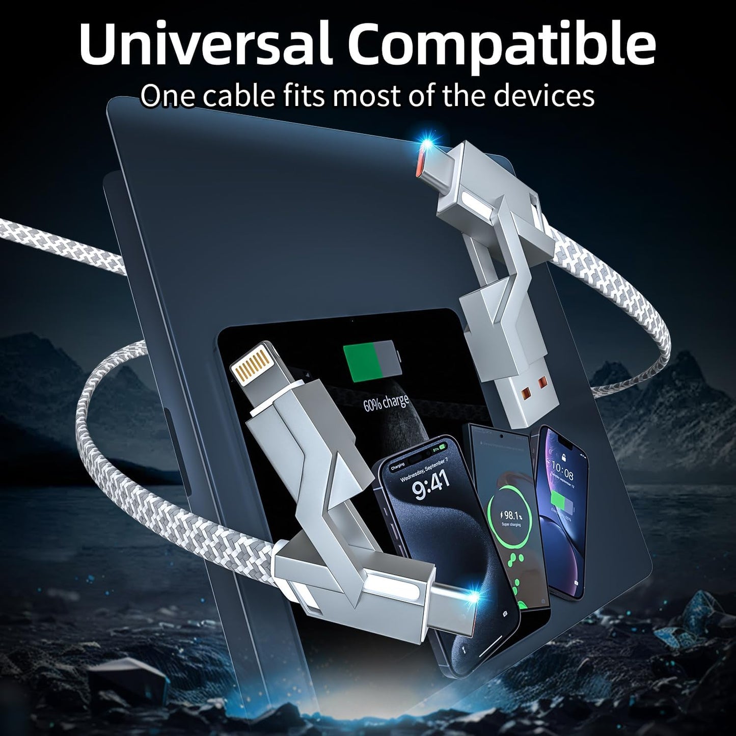 4 in 1 Charging Cable 5FT -MAX 66W Fast Charging Multi Charging Cable for All Devices, USB A/C to C/Lightning Cable Multiple iPhone Charger Cord for iPhone 16/15/14/13/iPad/Android/Tablets and More