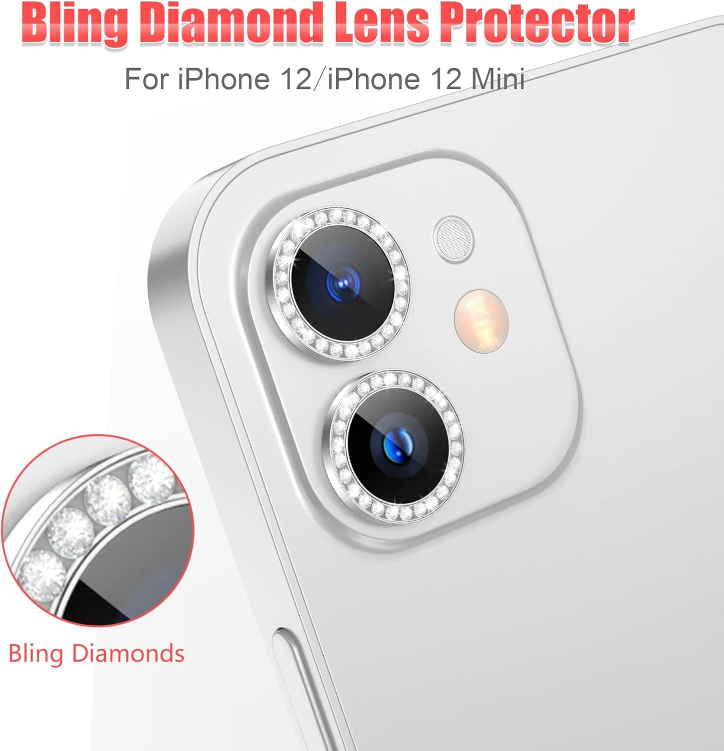 AGVEE 3+3 6 Pack for iphone 12 Pro/12/12 Mini/11 Pro Max/11 Pro/11 Camera Lens Cover Protector, Bling Diamond & Bling Glitter Metal Ring 9H Tempered HD Glass Camera Protector, Bling-Silver