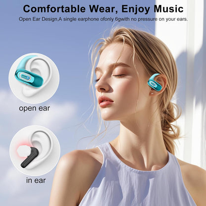 Open Ear Headphones, Bluetooth 5.4 Earbuds, 50H, Air Conduction Ear buds, HD Stereo Bass Over Ear Earphones with Earhooks, Ultra-Comfort Secure Fit, IPX7 Waterproof Headset for Working Sports, Blue