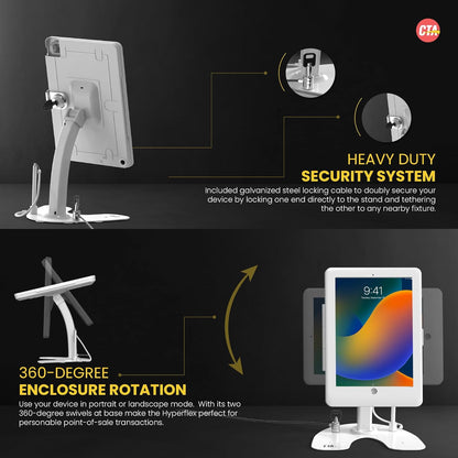 Dual Locking Stand – CTA Security Kiosk with Locking Case, Cable, Stylus, Tether, and 360-Degree Rotating Base for iPad Pro 10.5”, iPad Air 3, and Headphone Jack. (PAD-ASKTW) - White