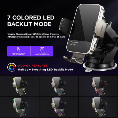 Wireless Car Charger,【7 Colored RGB Backlit】 15W Auto Clamping Car Charger Phone Mount Holder for iPhone 15 14 13 12 Mini Pro Max 11 XR X, Samsung Galaxy S23 Ultra S22 S21+ S10+ Note 20, etc - Silver