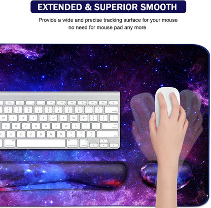 Keyboard Mouse Pad Set, Extended Mouse Pad+Keyboard Wrist Rest Support, Memory Foam Ergonomic, 3Pcs (35.4×15.7 in) Desk Pad Set for Home Office Study Game - Galactic