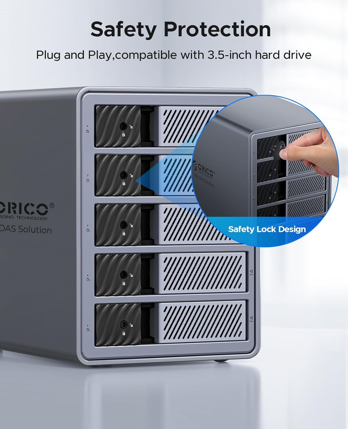 ORICO RAID 5 Bay HDD Enclosures USB 3.0 Push-Pull Mounting for 3.5-inch HDD, Max 110TB, External Direct Attached Storage 8 RAID Modes Supported 9858RU3
