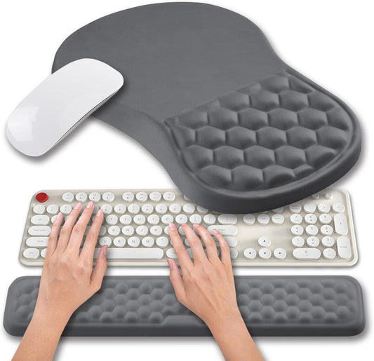 Hokafenle 2 in 1 Ergonomic Mouse Pad Wrist Support & Wrist Rest for Computer Keyboard Set, with Relieve Carpal Tunnel Pain Massage Bulge and Full Memory Gel Design (2In1 Set, Dark Gray)