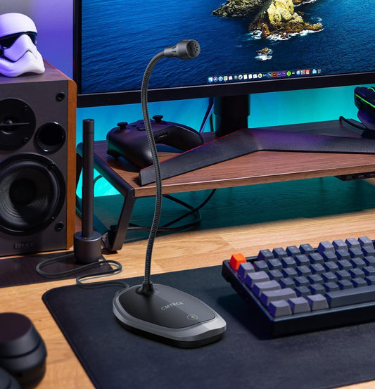 CMTECK USB Computer Microphone, Plug &Play Desktop Omnidirectional Condenser PC Laptop Mic, Mute Button with LED Indicator, Compatible with Windows/Mac, Ideal for YouTube, Skype, Recording (Gray)