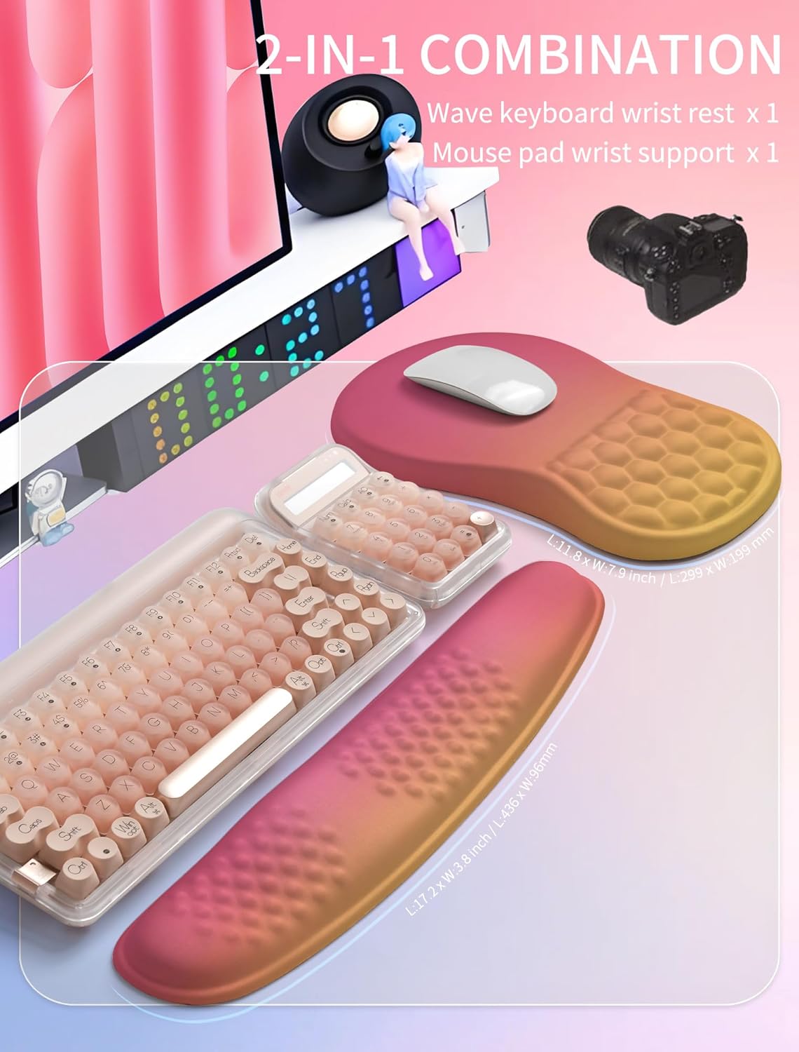 Hokafenle 2in1 Combination, Wave Keyboard Wrist Rest and Ergonomic Curvature Mouse Pad Wrist Support for Relieve Wrist Pain, Filled with Soft Cushion Memory Foam, Sunset Glow