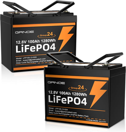 2 Pack 12V 100Ah LiFePO4 Batteries, Ultra-Light 21.9lb Each, 15000+ Cycles, 4S4P Expandable, Built-in 100A BMS, Group 24 Lithium Batteries for RV, Marine, Off-Grid, Trolling Motor, Solar, DIY Power