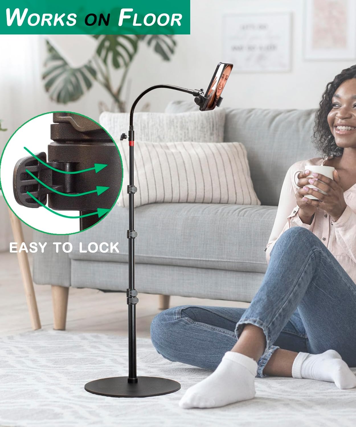 Phone Overhead Stand, Gooseneck Phone Floor Stand, Tall Video Cell Phone Mount with Height Adjustable Stand, Heavy Base, 360 Head, Works with iPhone 16, 16 Pro Max, 16 Plus, 15, 14, 13