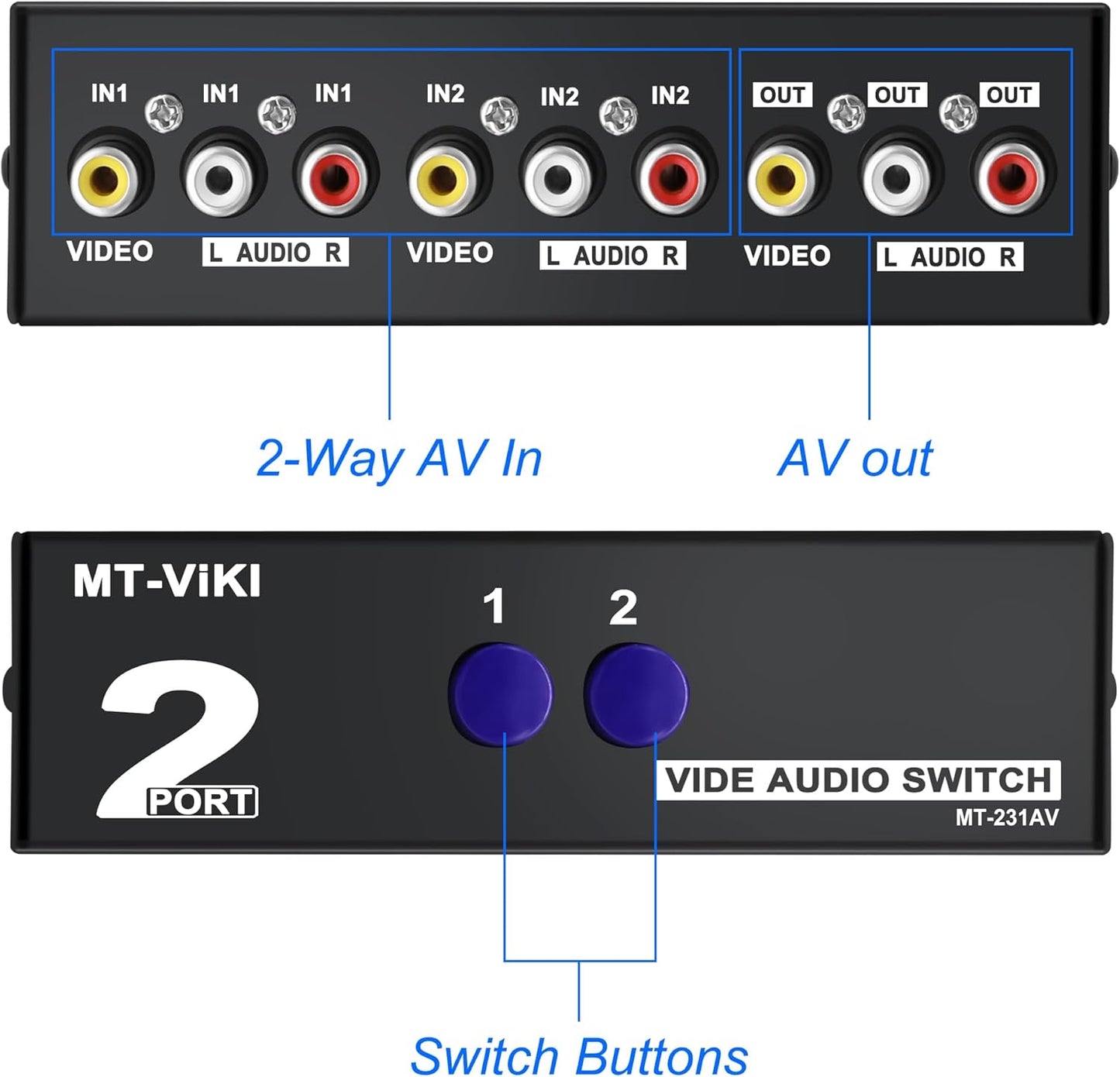 MEIRIYFA 2 Way AV RCA Switcher Splitter 2 in 1 Out, 2 Port AV RCA Switch 2-in-1 Composite Video L/R Audio Switcher Selector Box for DVD Player, Game Consoles TV Monitor Projector