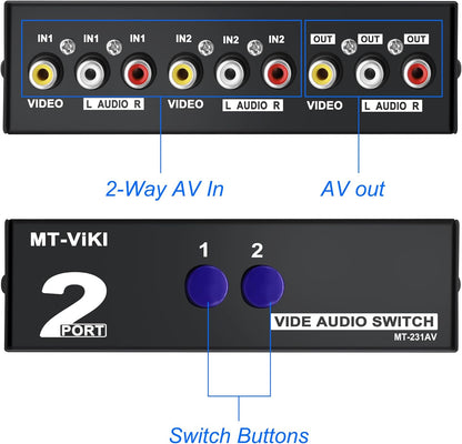 MEIRIYFA 2 Way AV RCA Switcher Splitter 2 in 1 Out, 2 Port AV RCA Switch 2-in-1 Composite Video L/R Audio Switcher Selector Box for DVD Player, Game Consoles TV Monitor Projector