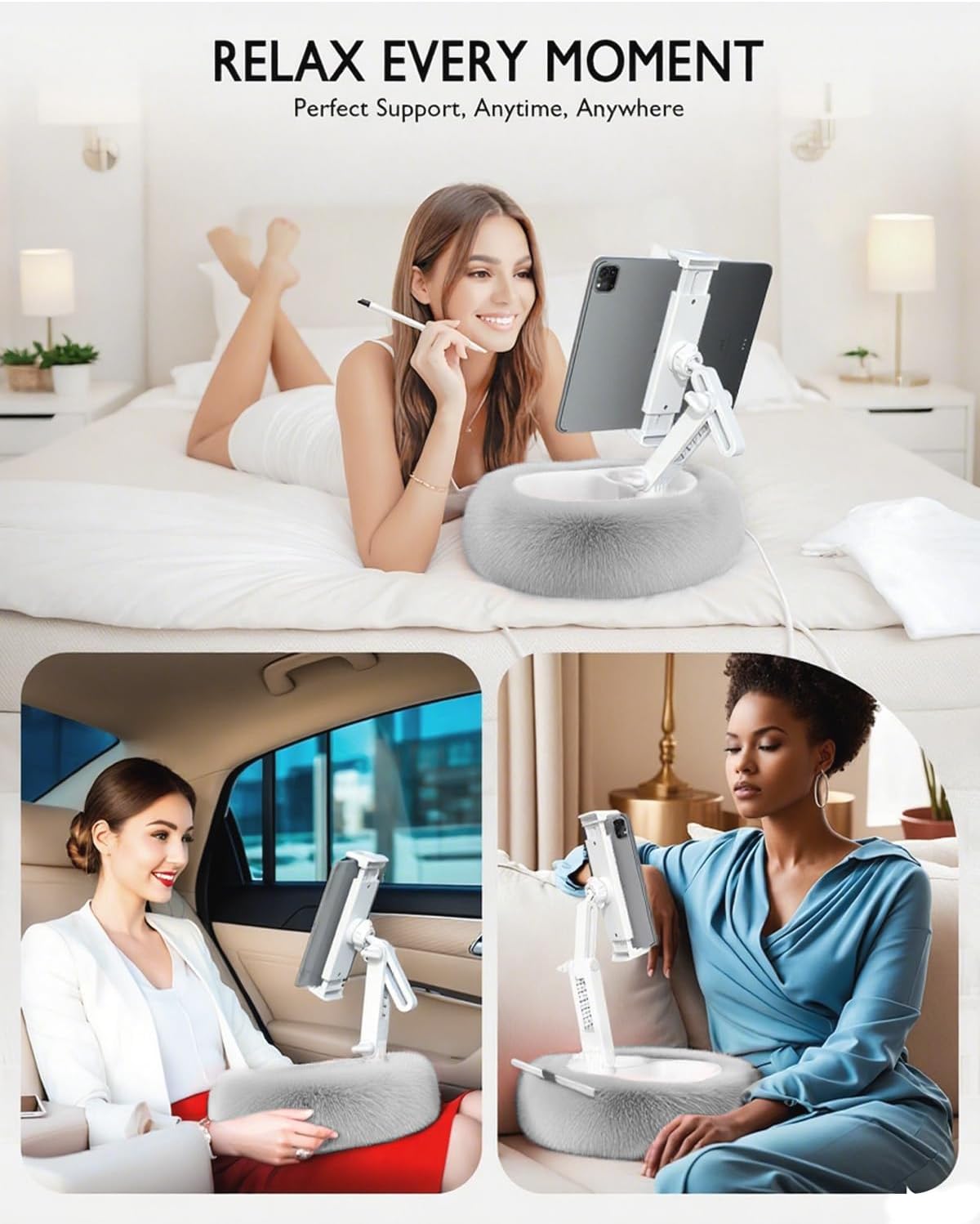 Tablet Pillow Stand, Compatible with 4.7"-12.9" Kindle, iPad, Phone/Tablet, Google, 360° Rotating Phone Holder for Bed, Detachable Bowl, Reading and Relaxation on Bed, Gray, Large (Faux Fur Pillow)