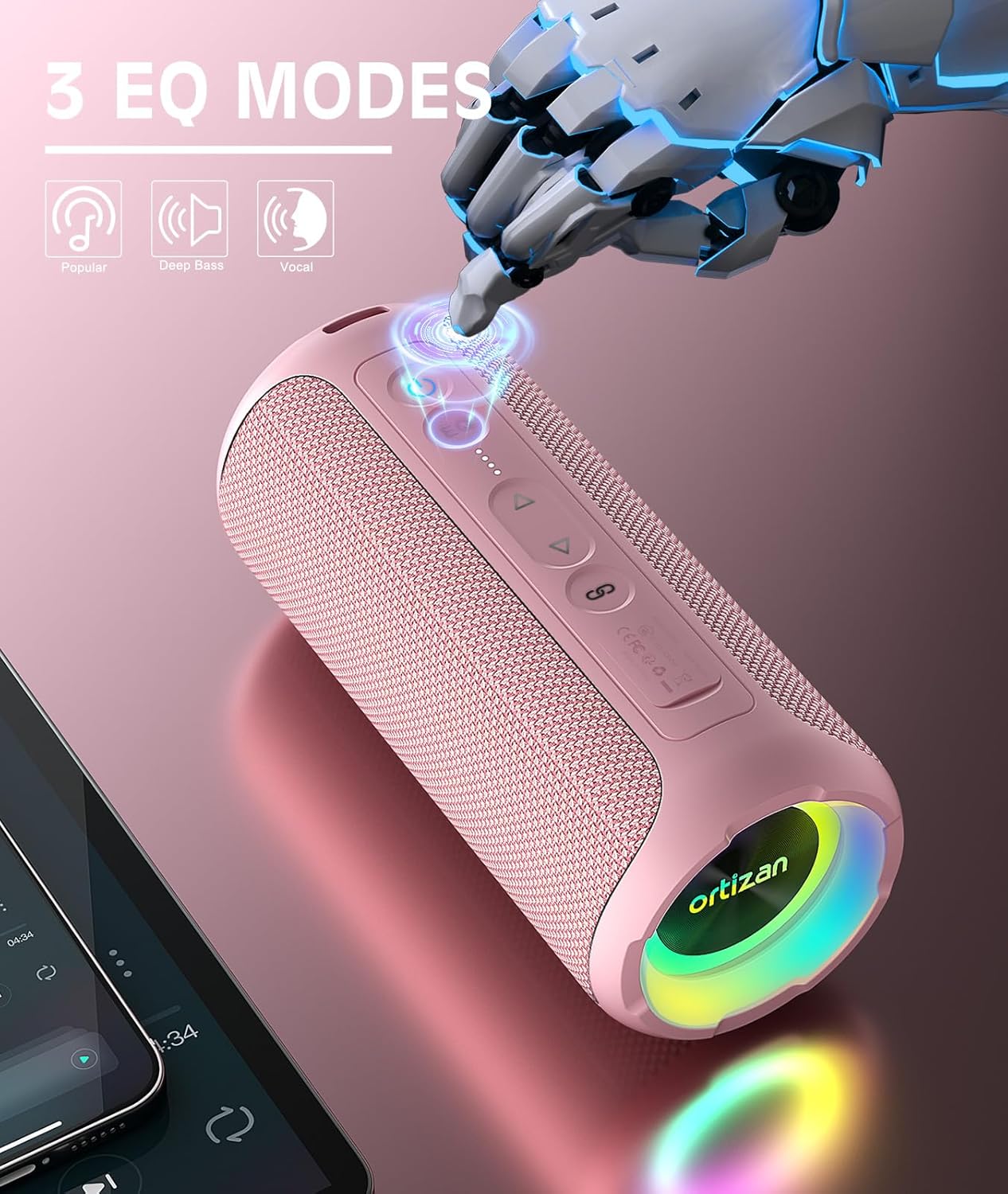 Ortizan Bluetooth Speakers, Portable Wireless Stereo Speaker - IPX7 Waterproof, 30W RMS(40W Peak) Loud Sound, Deep Bass, LED Light, Bluetooth 5.3, for Home/Shower/Outdoor/Beach, Gifts for Adult, Pink