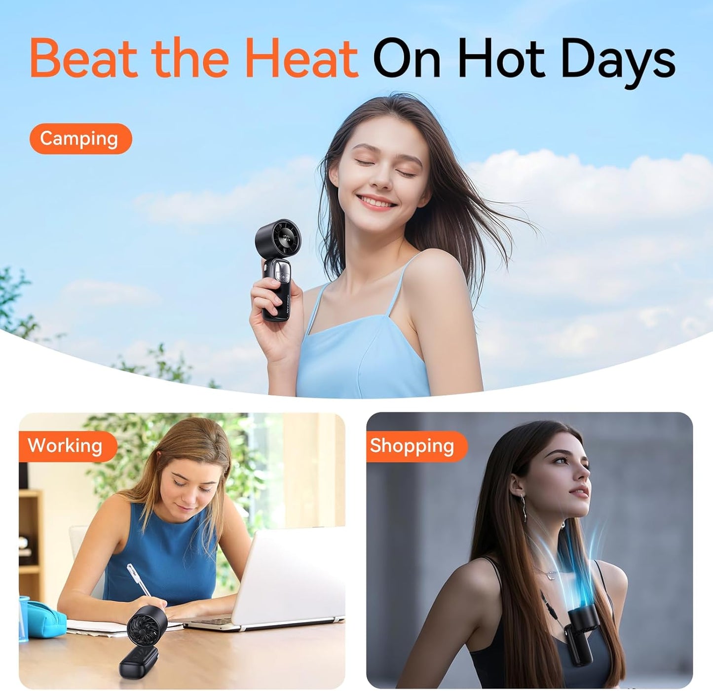 3-in-1 Portable Handheld Turbo Fan-100 Speeds, 15000 RPM, 10Hrs Cooling, LED Display, 90° Rotation, USB Rechargeable Battery Powered, Mini Foldable Hand Held Personal Fan for Women Men (Black)