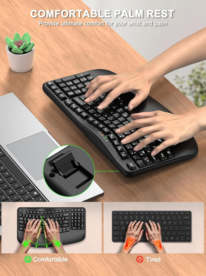 EDJO Ergonomic Wireless Keyboard with Wrist Rest, Wave Keys, Comfortable Natural Typing, 2.4GHz Ergo Wireless USB Computer Keyboard for Multi-OS, Windows, Mac OS, Laptop, PC (Black)