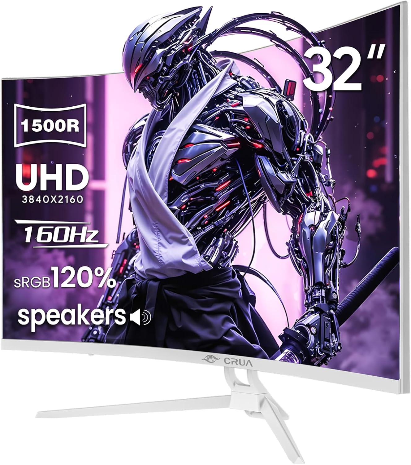 CRUA 32" Curved Gaming Monitor, 144Hz/160Hz 4K UHD(3840 * 2160P) 1500R VA Screen, Supports AMD Freesync, 120% sRGB, Built-in Speakers, RGB Lighting, Wall Mountable Installs(HDMI 2.1/DP 1.4)-White