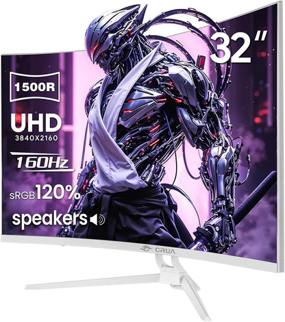 CRUA 32" Curved Gaming Monitor, 144Hz/160Hz 4K UHD(3840 * 2160P) 1500R VA Screen, Supports AMD Freesync, 120% sRGB, Built-in Speakers, RGB Lighting, Wall Mountable Installs(HDMI 2.1/DP 1.4)-White